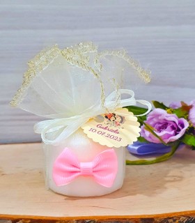 Marturie Botez Lumanare Saculet Crem si Papion Roz