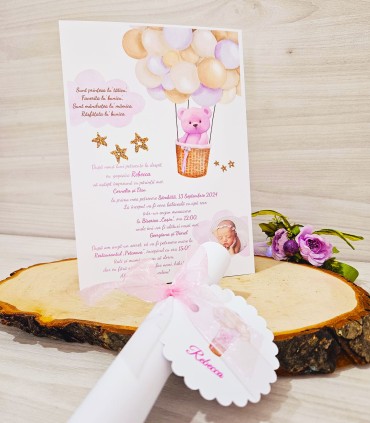 Invitatie Botez Ursulet norisor si poza bebe fetita